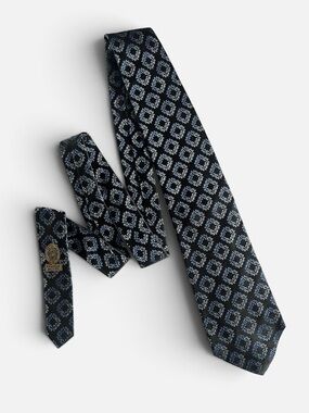 FABERGE Silk Medallion Scroll Tie Black and Blue Handmade in USA